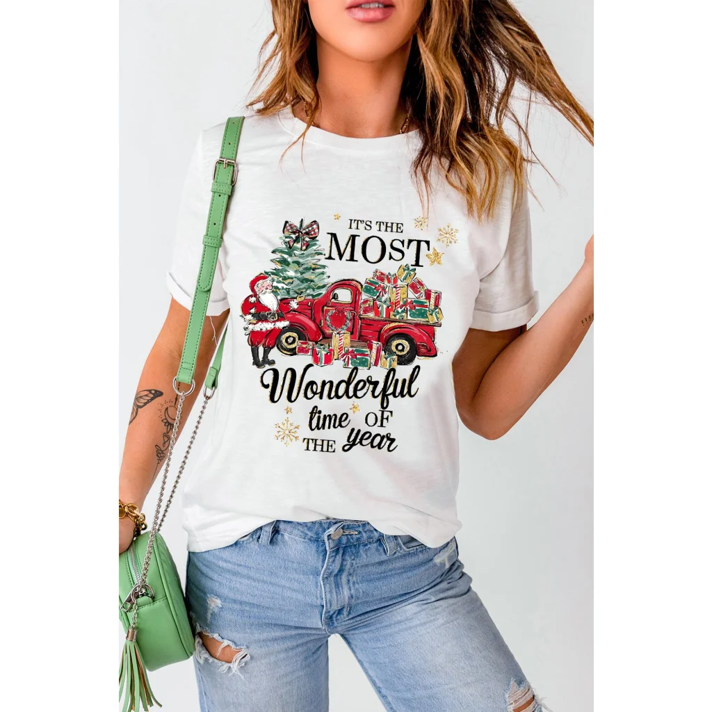 White Christmas Pattern Slogan Print Crew Neck T Shirt