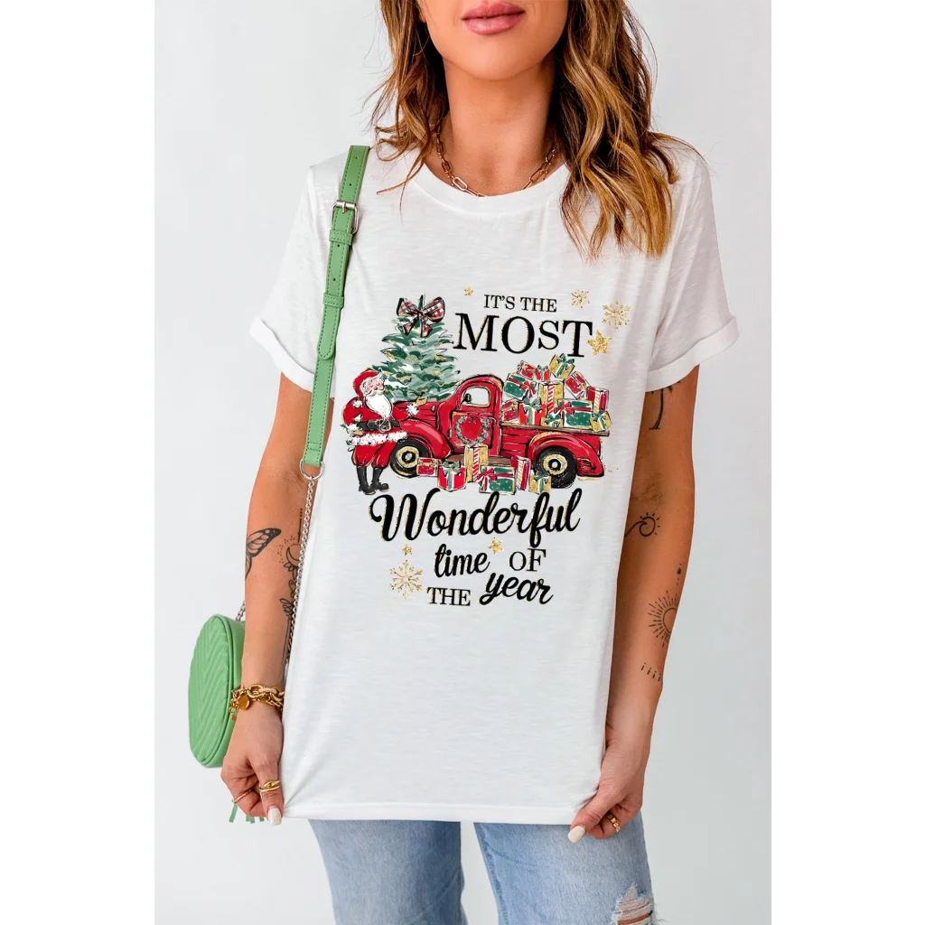 White Christmas Pattern Slogan Print Crew Neck T Shirt