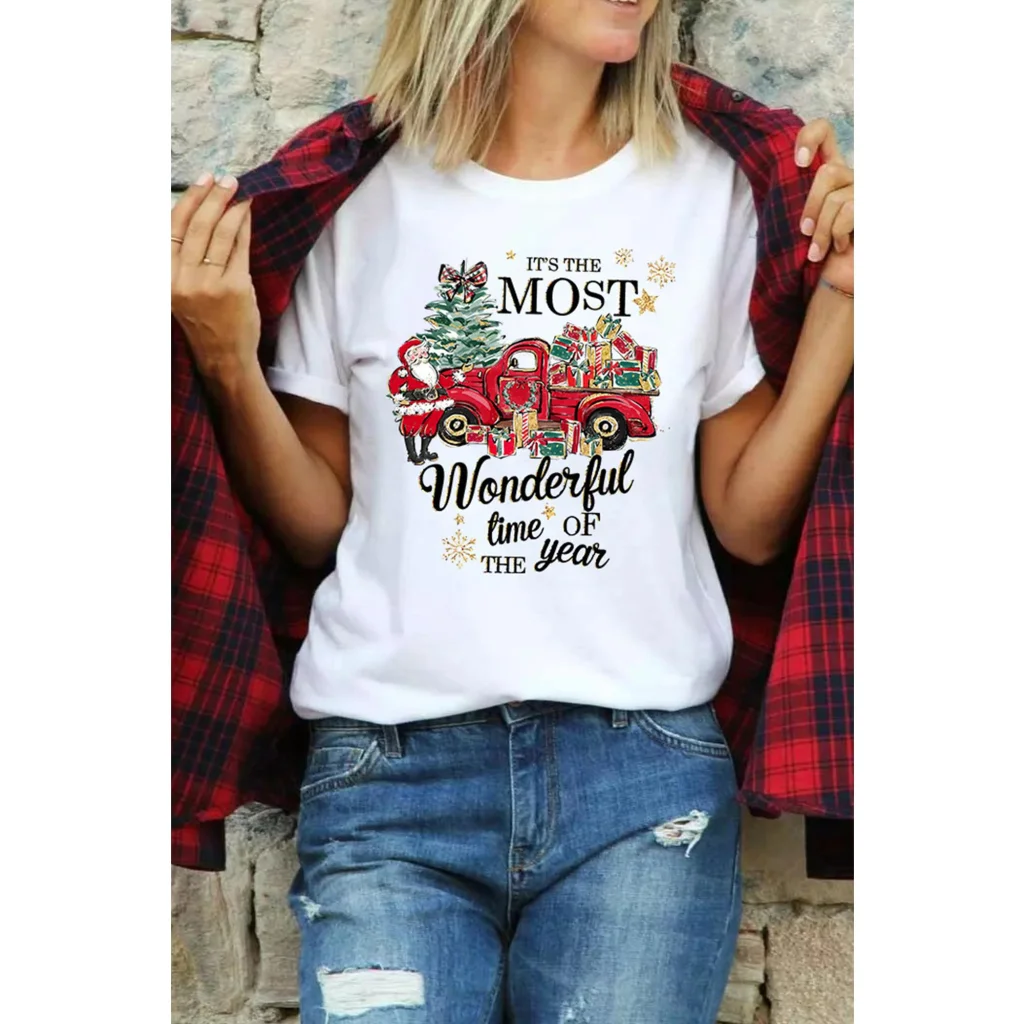 White Christmas Pattern Slogan Print Crew Neck T Shirt
