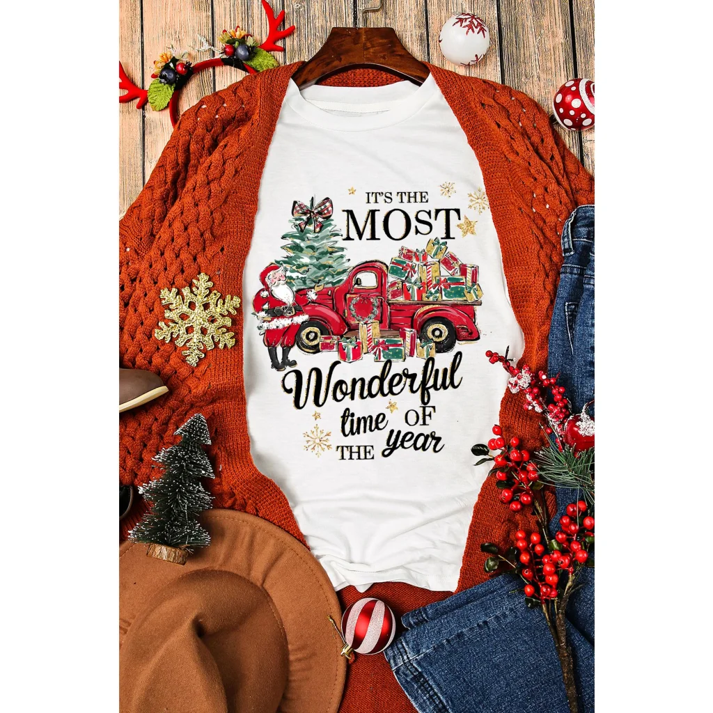 White Christmas Pattern Slogan Print Crew Neck T Shirt - M