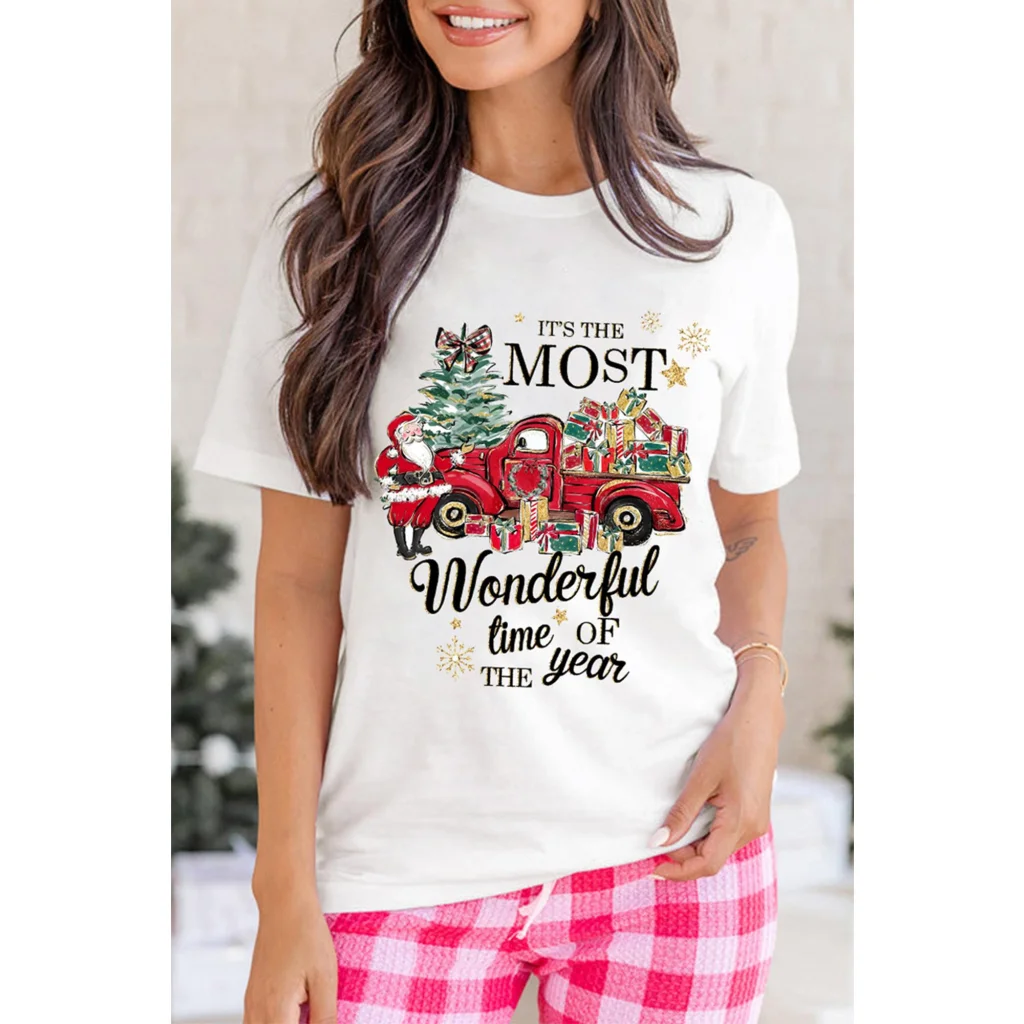 White Christmas Pattern Slogan Print Crew Neck T Shirt - M