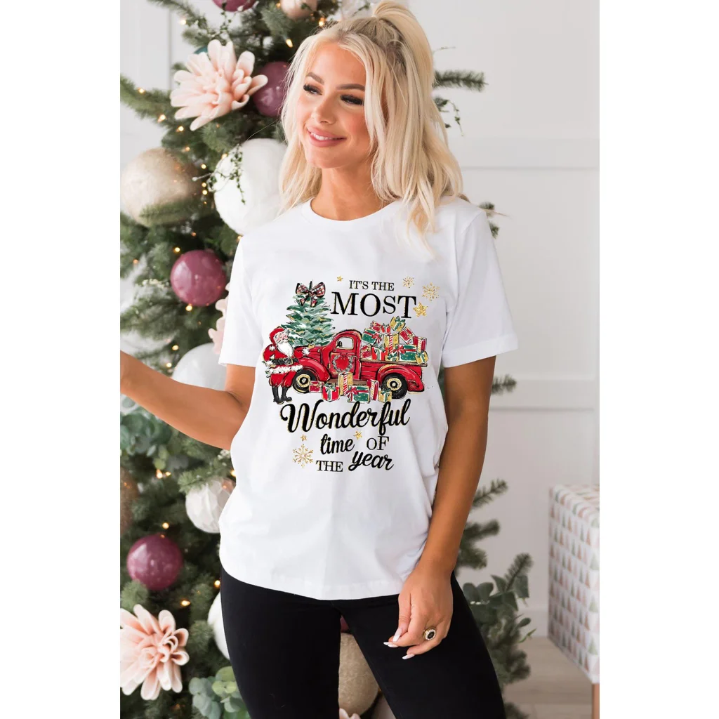White Christmas Pattern Slogan Print Crew Neck T Shirt - M