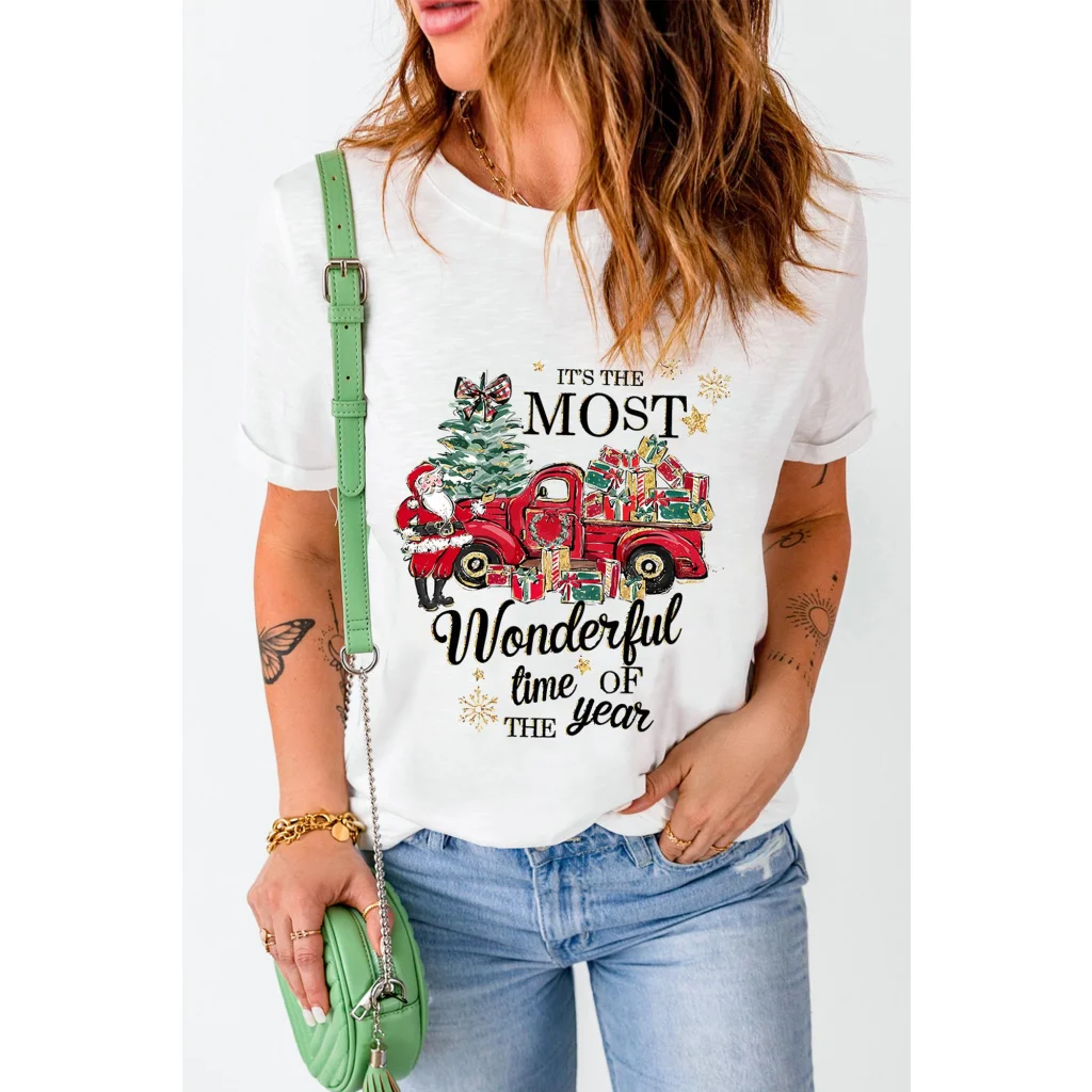 White Christmas Pattern Slogan Print Crew Neck T Shirt - XL