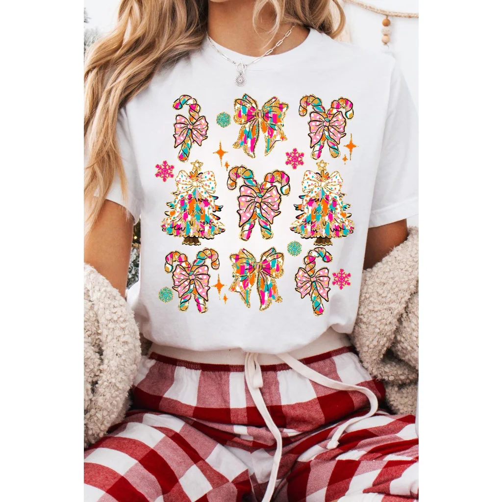 White Christmas Tree Bow Knot Print Round Neck T Shirt