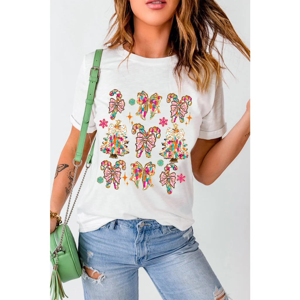 White Christmas Tree Bow Knot Print Round Neck T Shirt