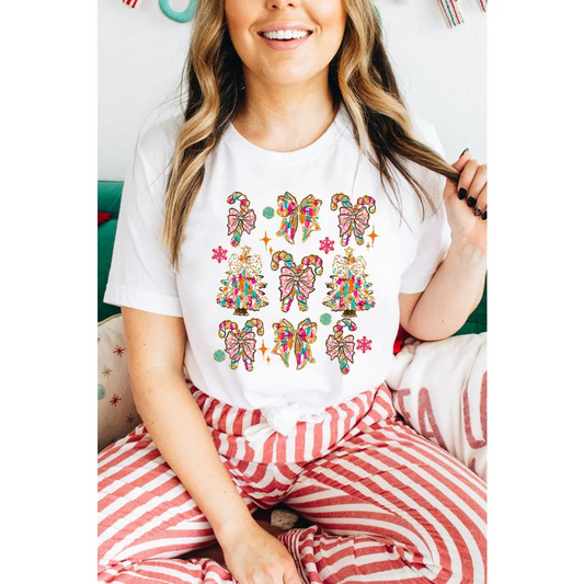 White Christmas Tree Bow Knot Print Round Neck T Shirt - M