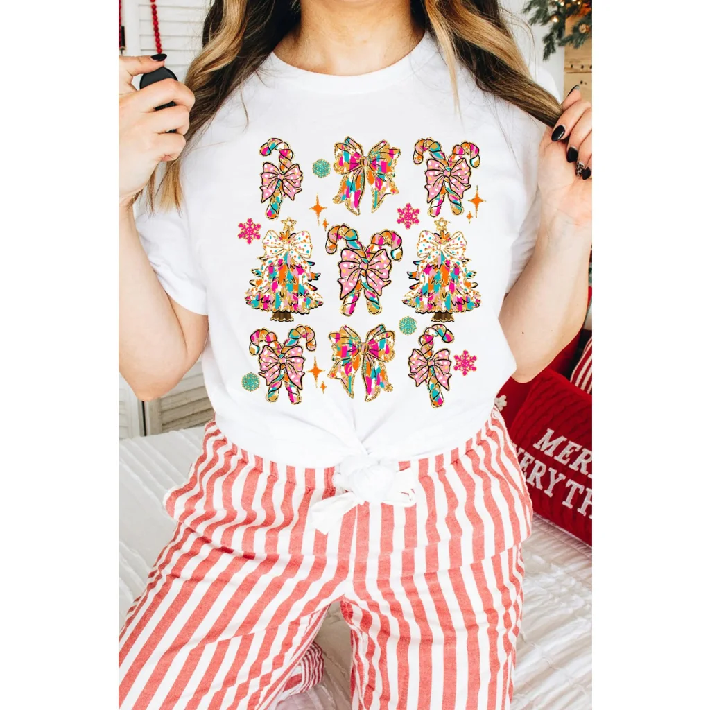 White Christmas Tree Bow Knot Print Round Neck T Shirt - M