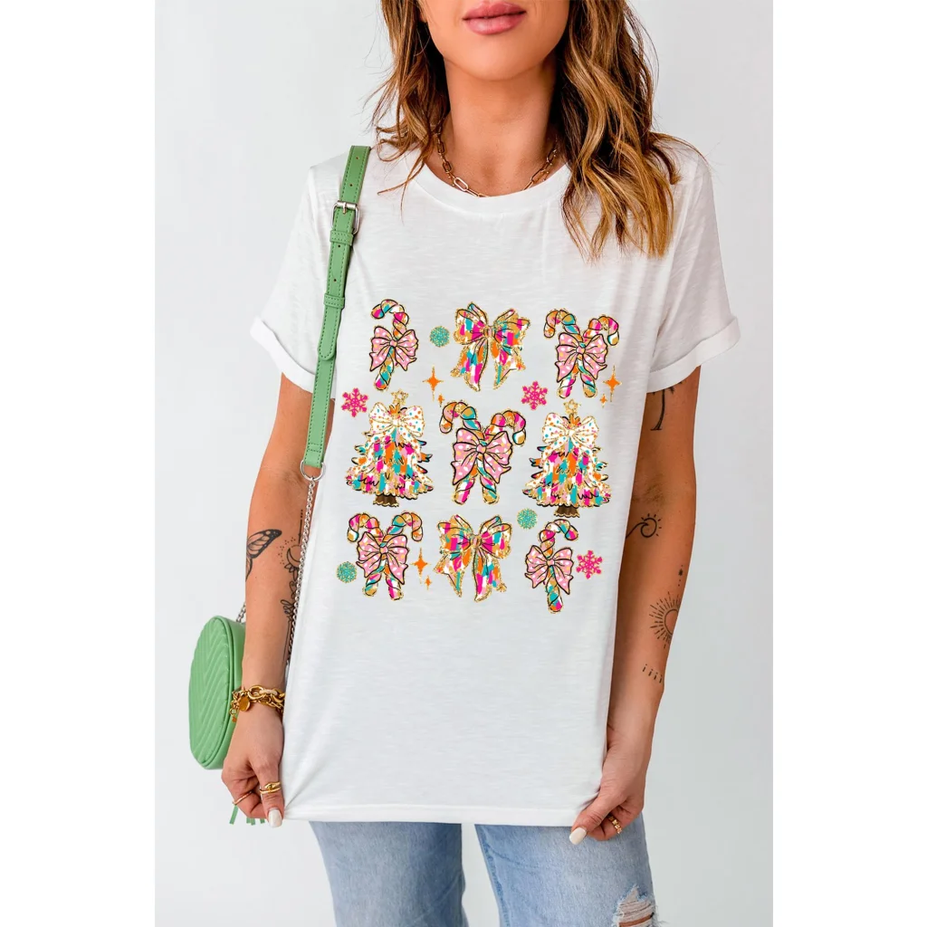 White Christmas Tree Bow Knot Print Round Neck T Shirt - XL