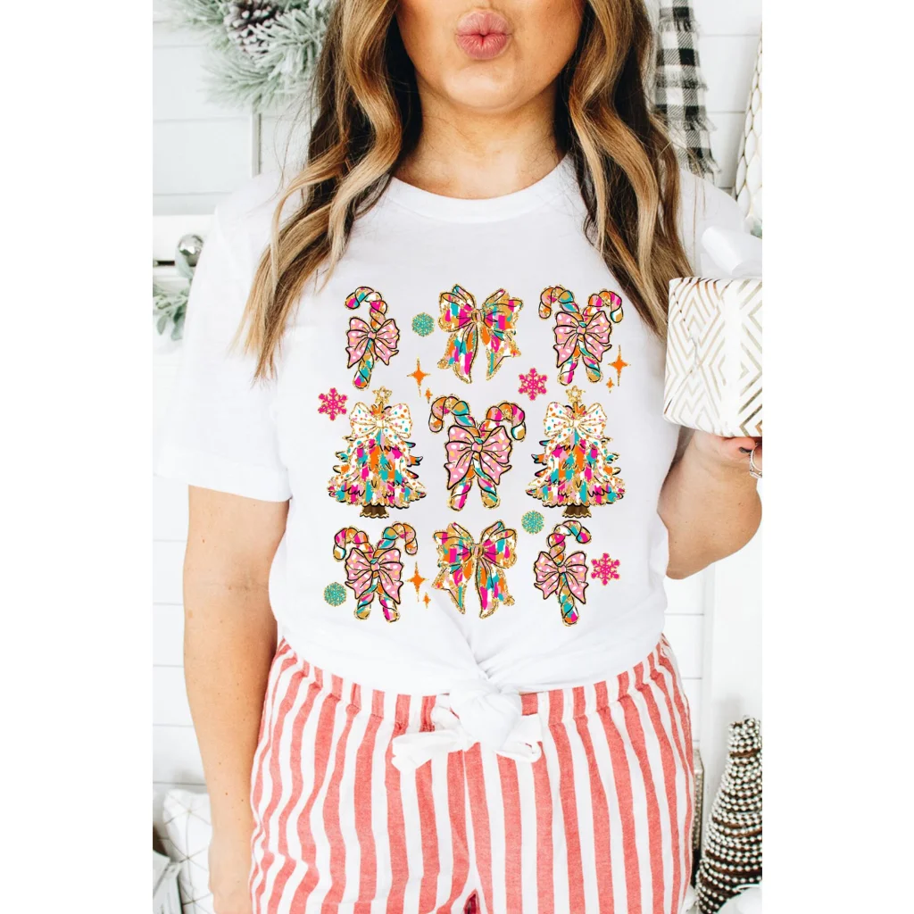White Christmas Tree Bow Knot Print Round Neck T Shirt - XL