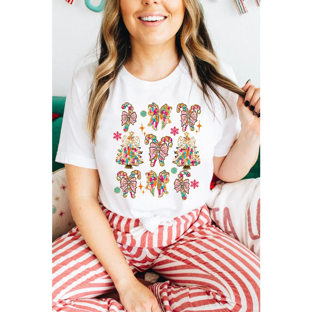 White Christmas Tree Bow Knot Print Round Neck T Shirt - XL