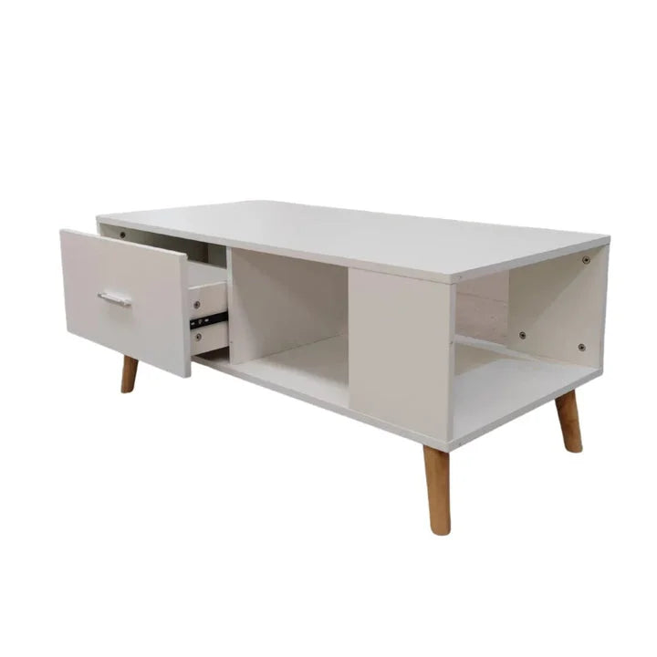 White Coffee Table with Storage Drawer & Open Shelf