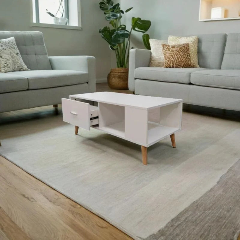 White Coffee Table with Storage Drawer & Open Shelf