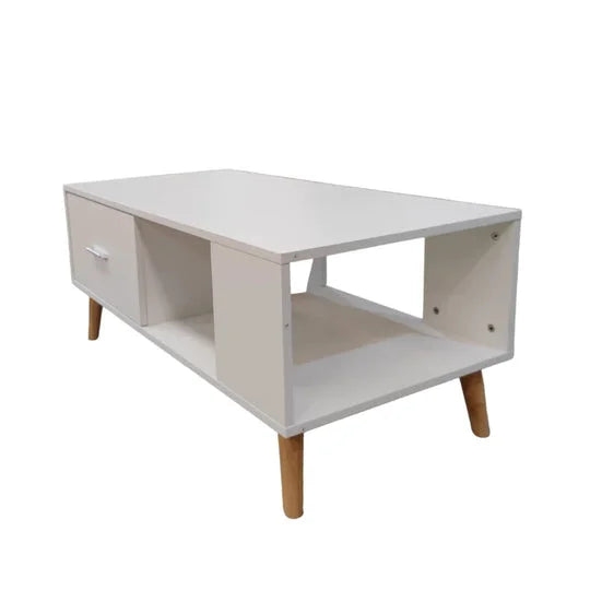 White Coffee Table with Storage Drawer & Open Shelf