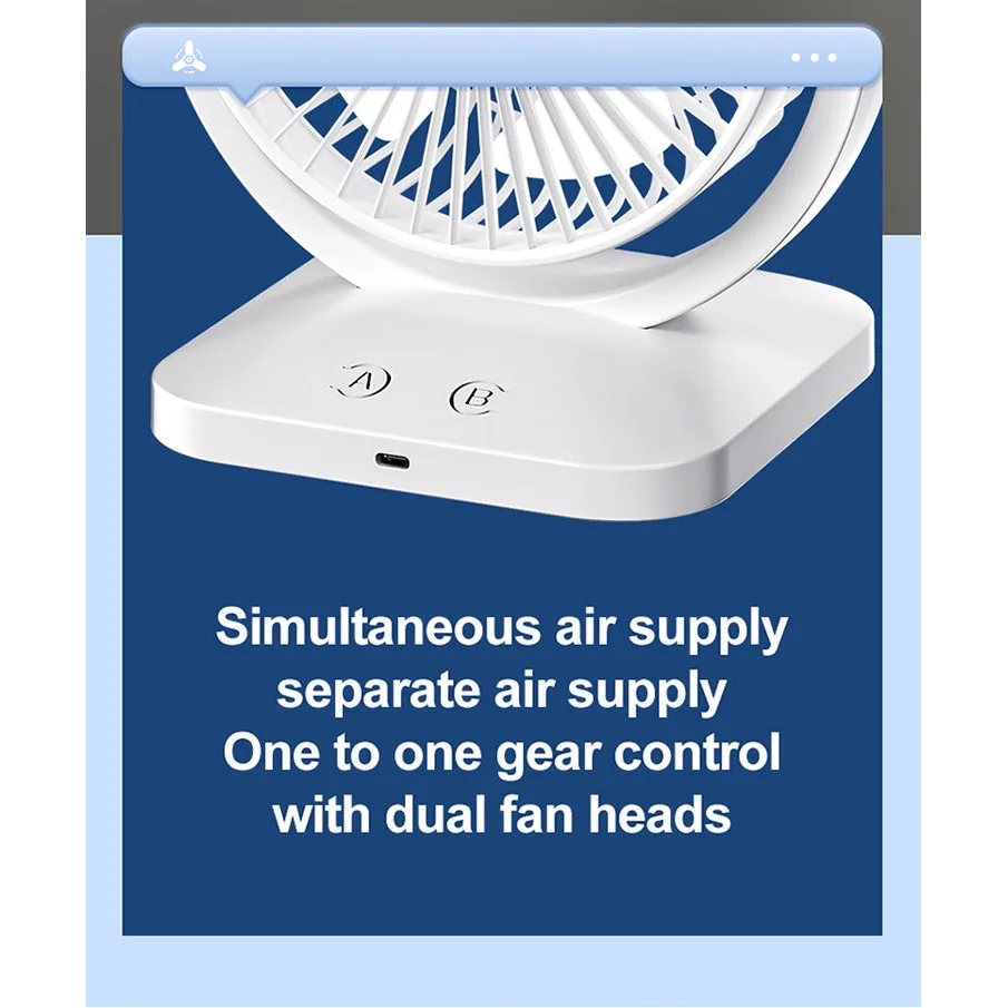 White Dual Head USB Rechargeable Desk Fan - Portable Double
