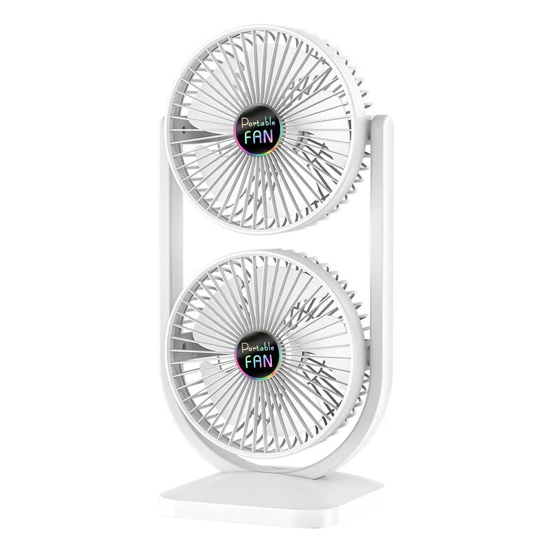 White Dual Head USB Rechargeable Desk Fan - Portable Double