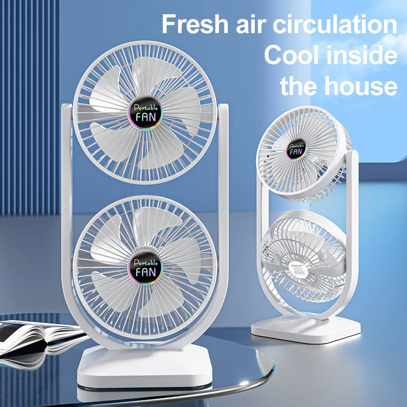 White Dual Head USB Rechargeable Desk Fan - Portable Double