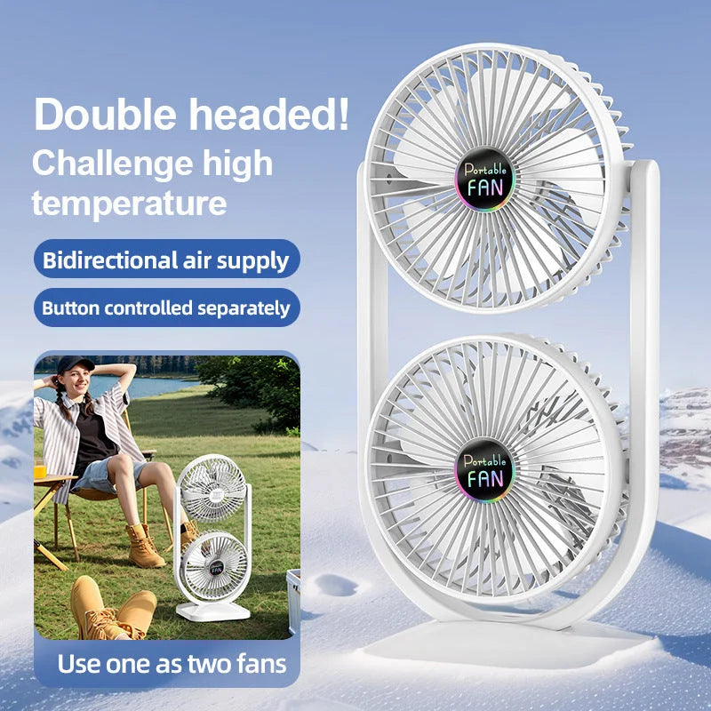 White Dual Head USB Rechargeable Desk Fan - Portable Double