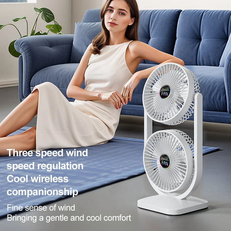 White Dual Head USB Rechargeable Desk Fan - Portable Double