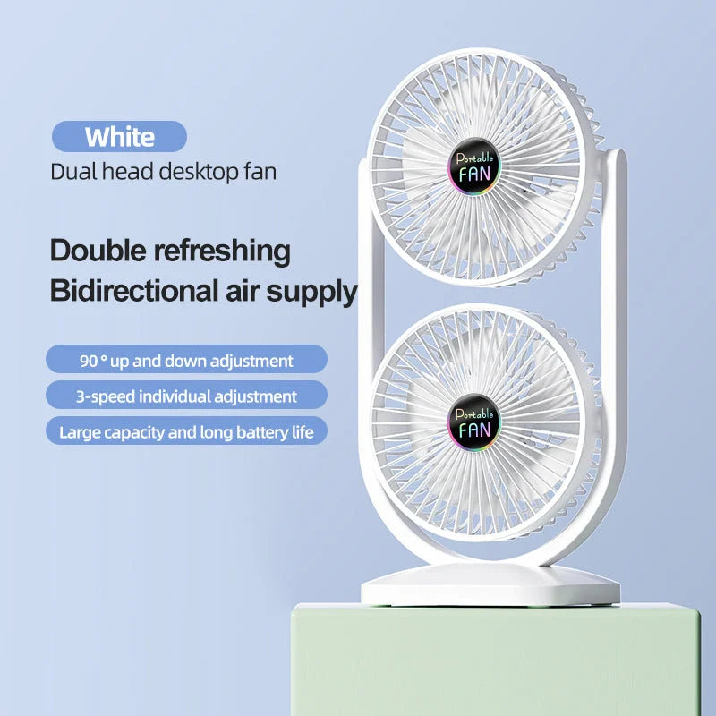 White Dual Head USB Rechargeable Desk Fan - Portable Double