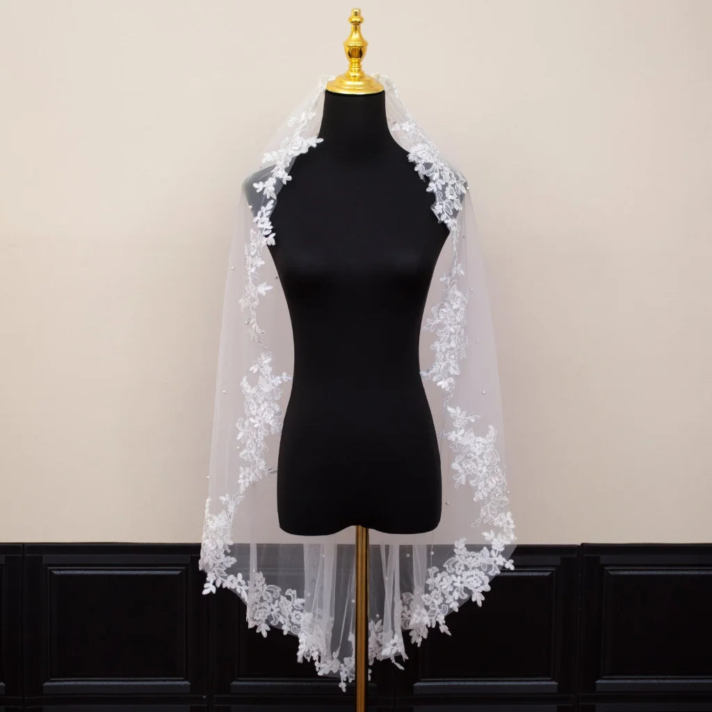 White Elegant Long Bridal Veil with Pearl Accents & Lace