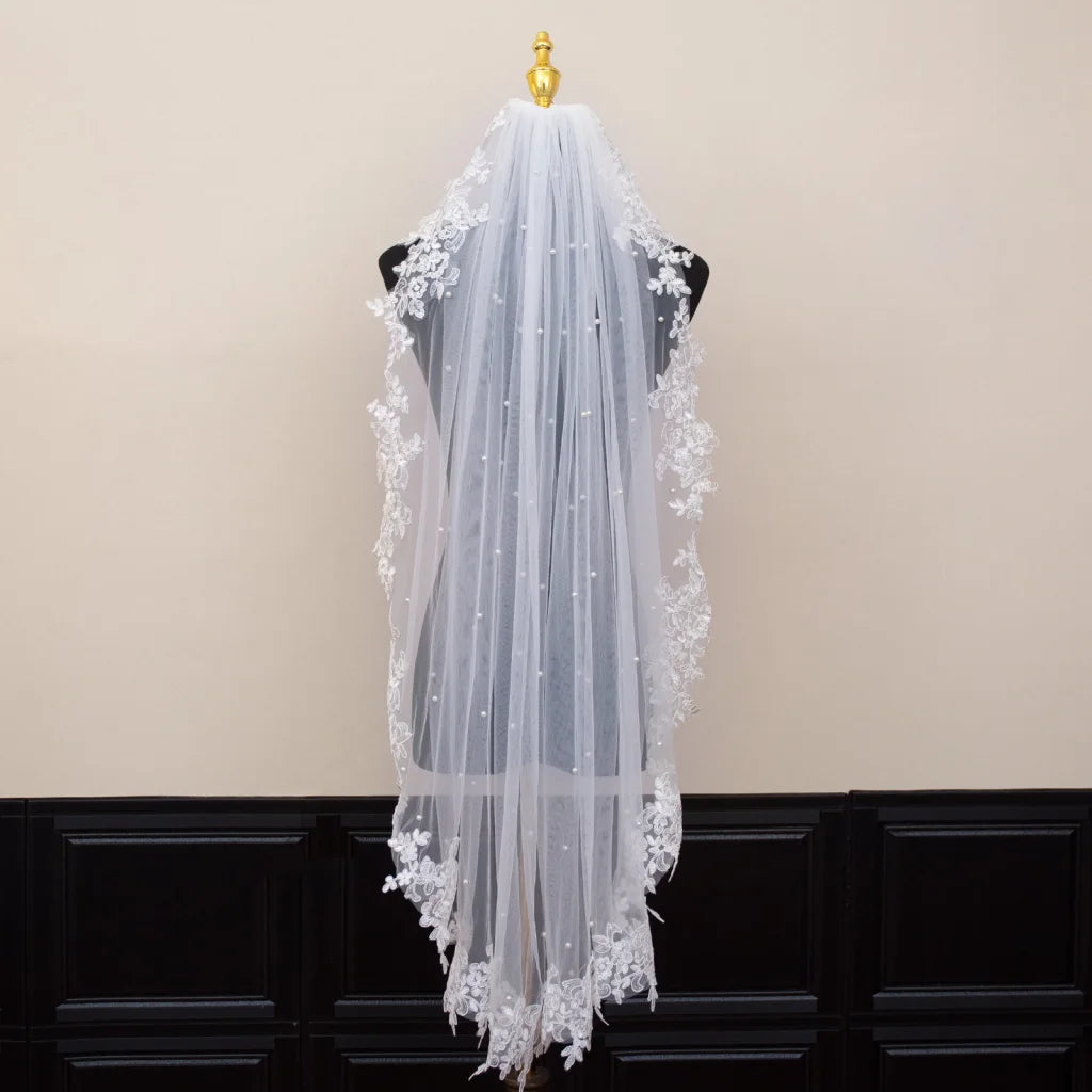 White Elegant Long Bridal Veil with Pearl Accents & Lace