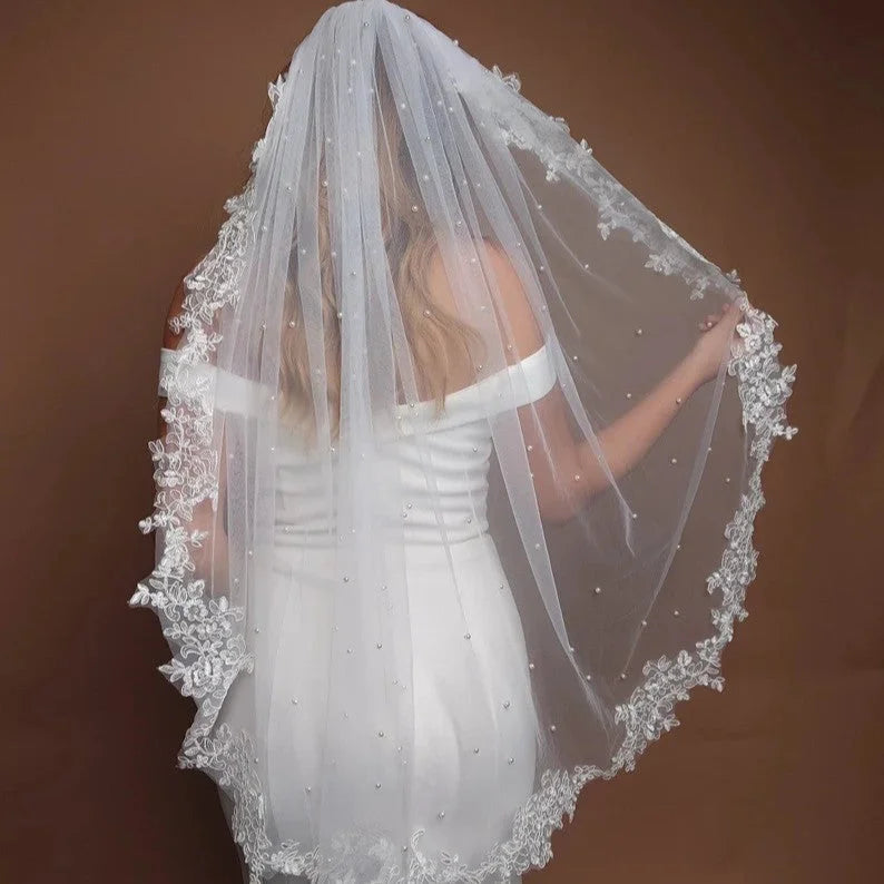 White Elegant Long Bridal Veil with Pearl Accents & Lace