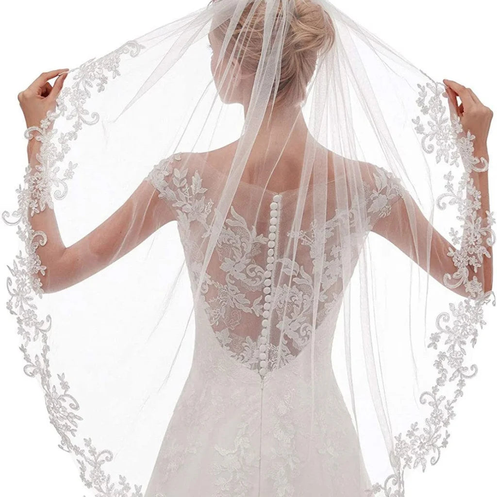 White Elegant Short Bridal Veil - Single Tier with Delicate