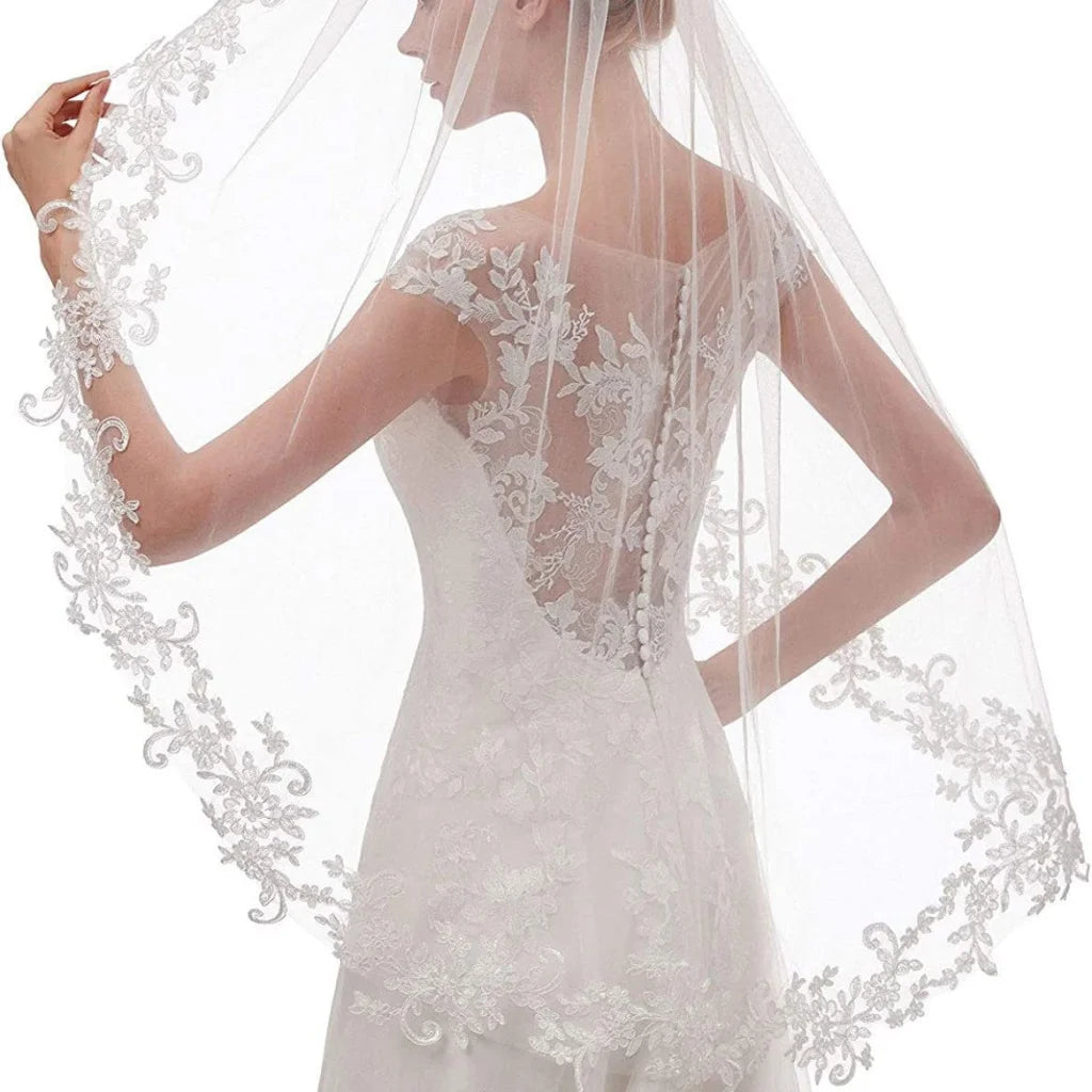 White Elegant Short Bridal Veil - Single Tier with Delicate