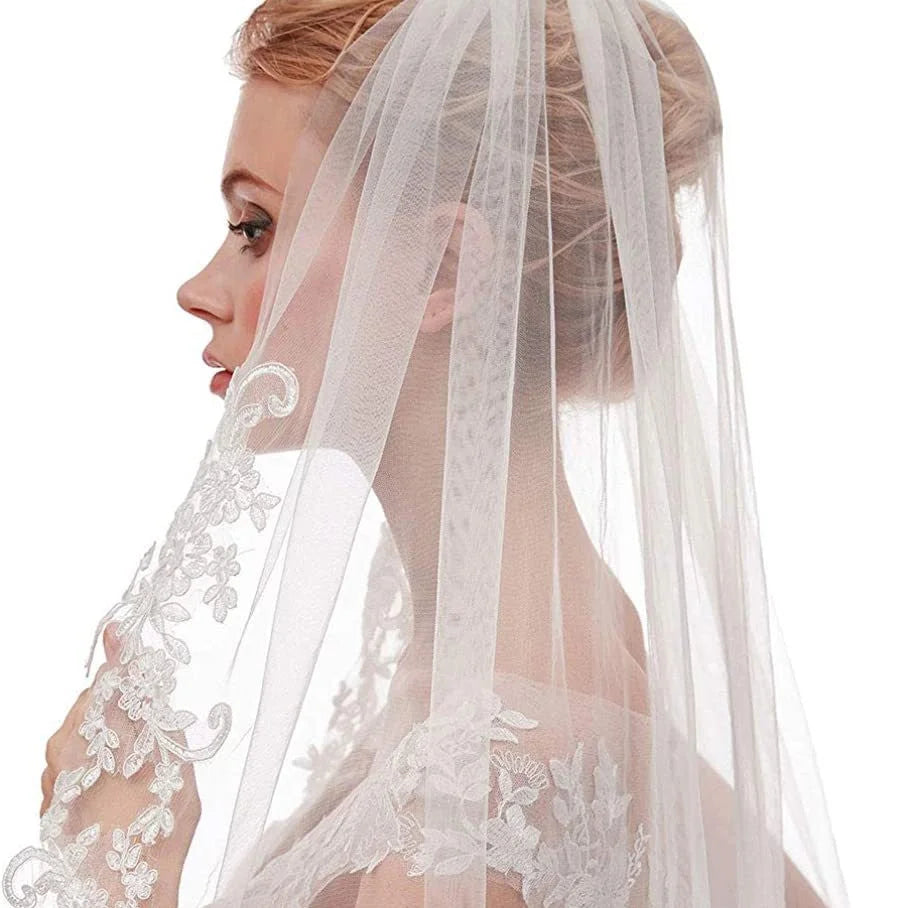 White Elegant Short Bridal Veil - Single Tier with Delicate