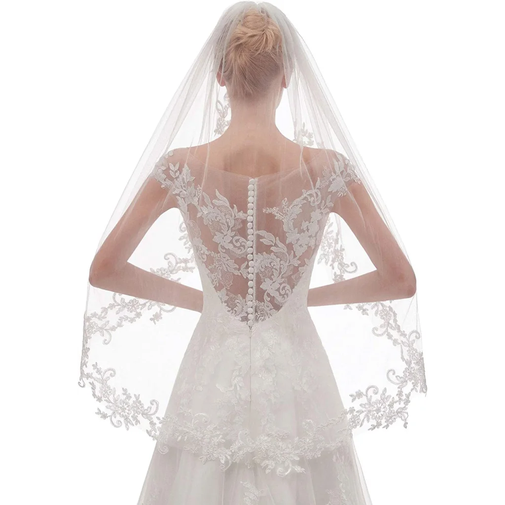 White Elegant Short Bridal Veil - Single Tier with Delicate