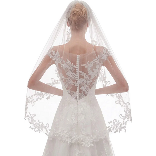 White Elegant Short Bridal Veil - Single Tier with Delicate