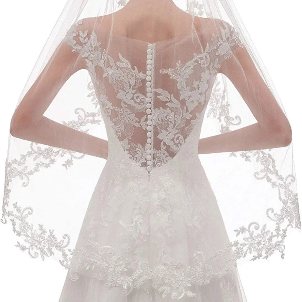 White Elegant Short Bridal Veil - Single Tier with Delicate