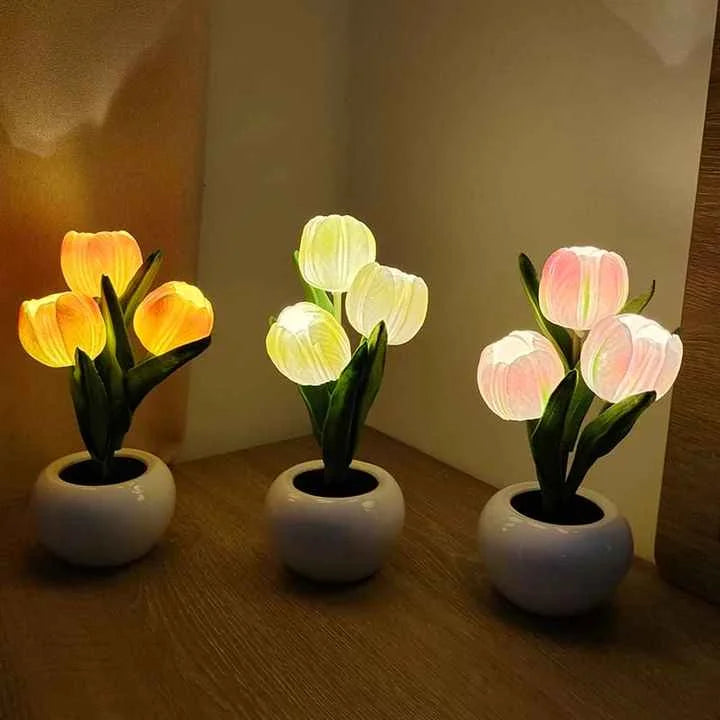 White Flowers USB Tulip Night Light - Bedroom Decor Table