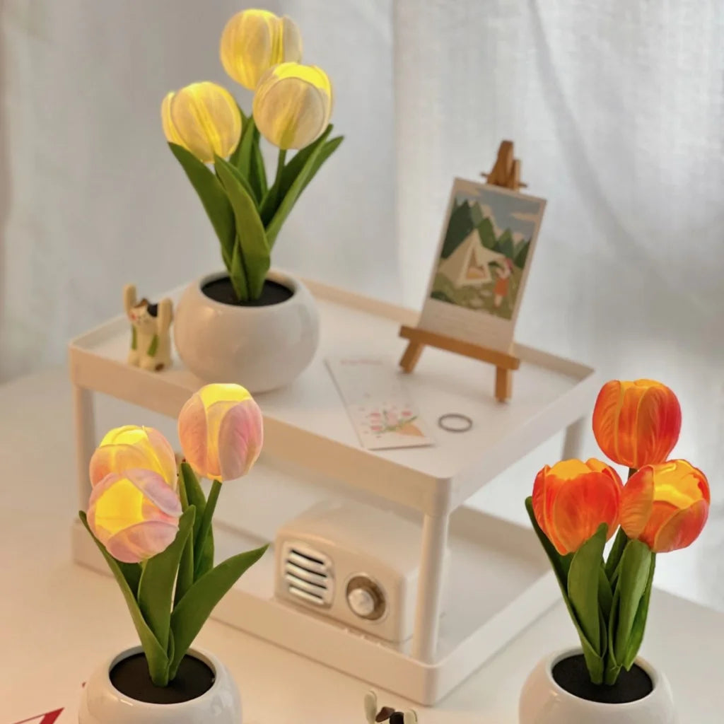 White Flowers USB Tulip Night Light - Bedroom Decor Table