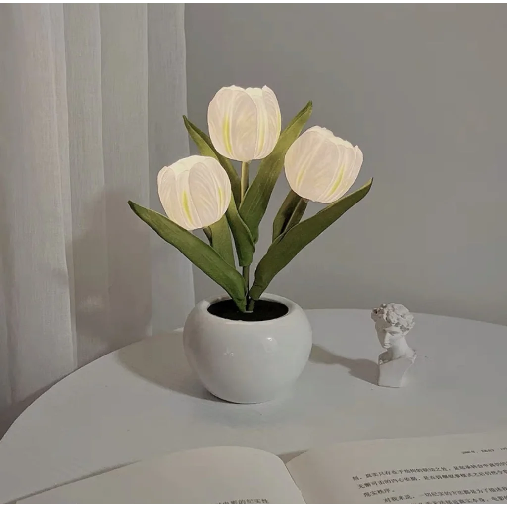 White Flowers USB Tulip Night Light - Bedroom Decor Table
