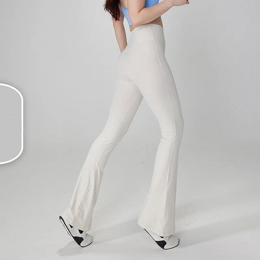 White High-Waisted Lycra Yoga Bell-Bottom Pants for Women