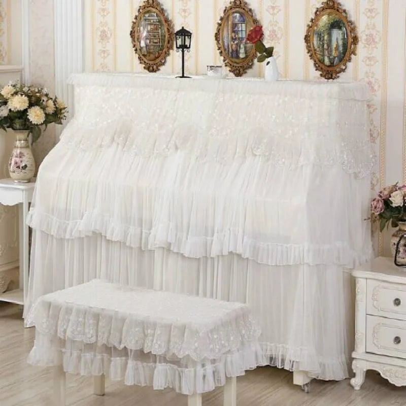 White Lace Piano Dust Cover - Embroidered Full Size Double