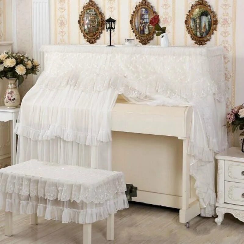 White Lace Piano Dust Cover - Embroidered Full Size Double