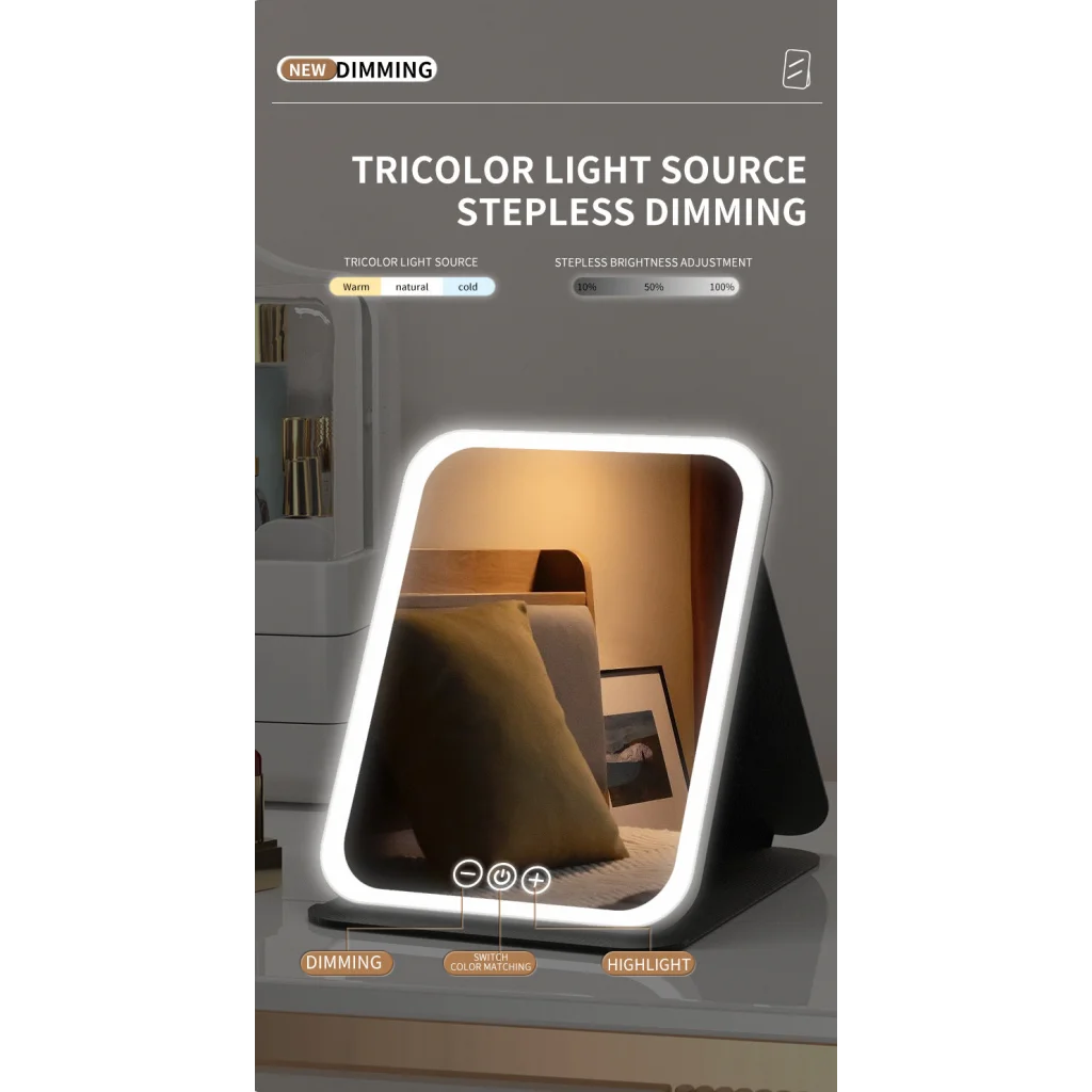 White Large Foldable LED Makeup Mirror - Portable Desktop