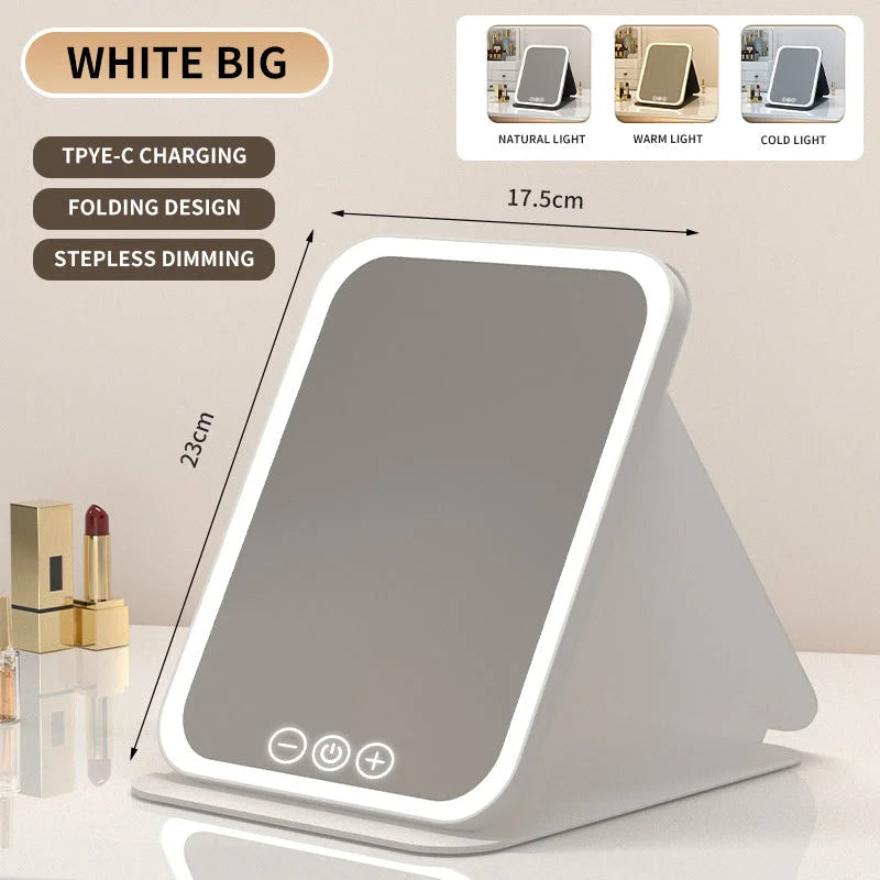 White Large Foldable LED Makeup Mirror - Portable Desktop