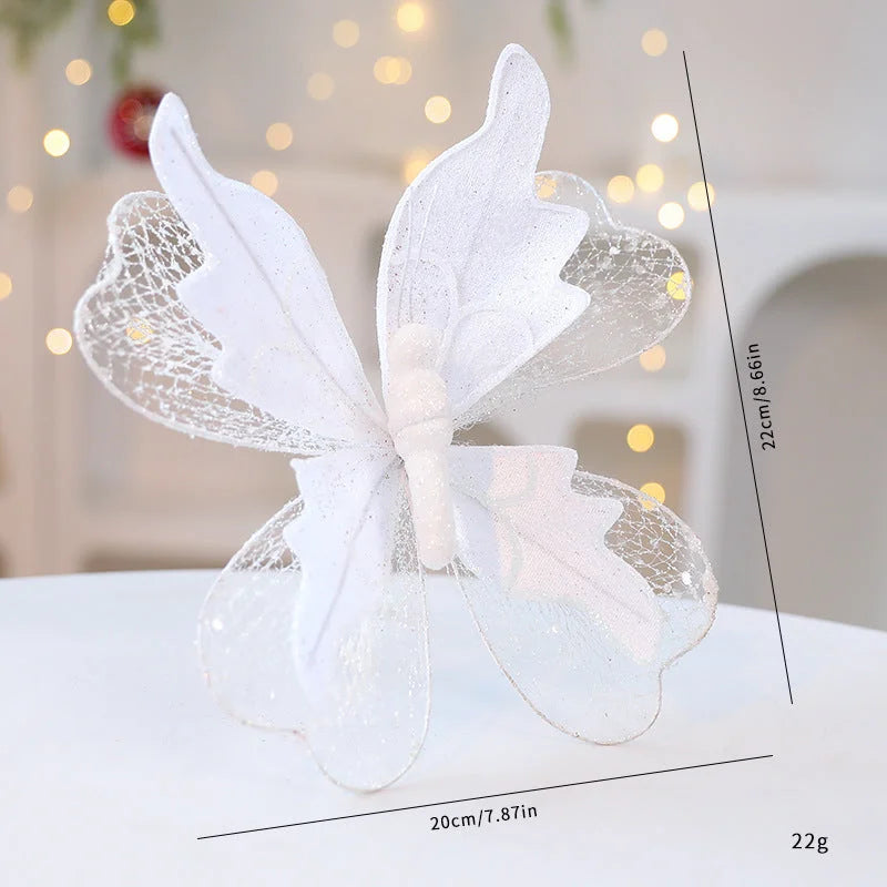White Large Glitter Butterfly Christmas Ornaments (Set