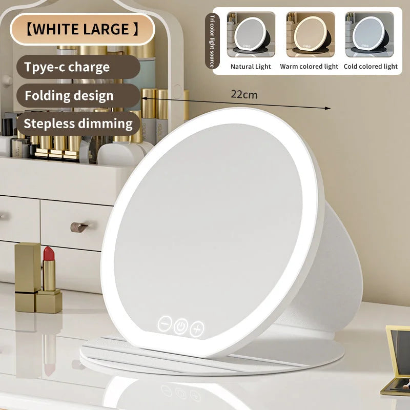 White Large Round Foldable LED Makeup Mirror - 22cm Desktop