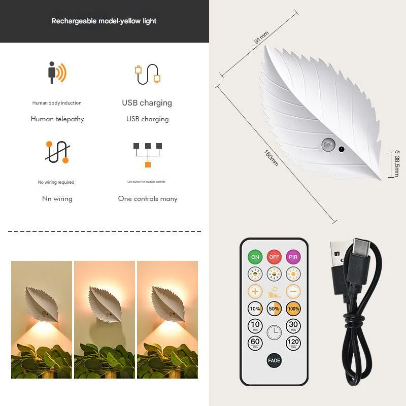 White Leaf-Shaped LED Motion Sensor Night Light - USB