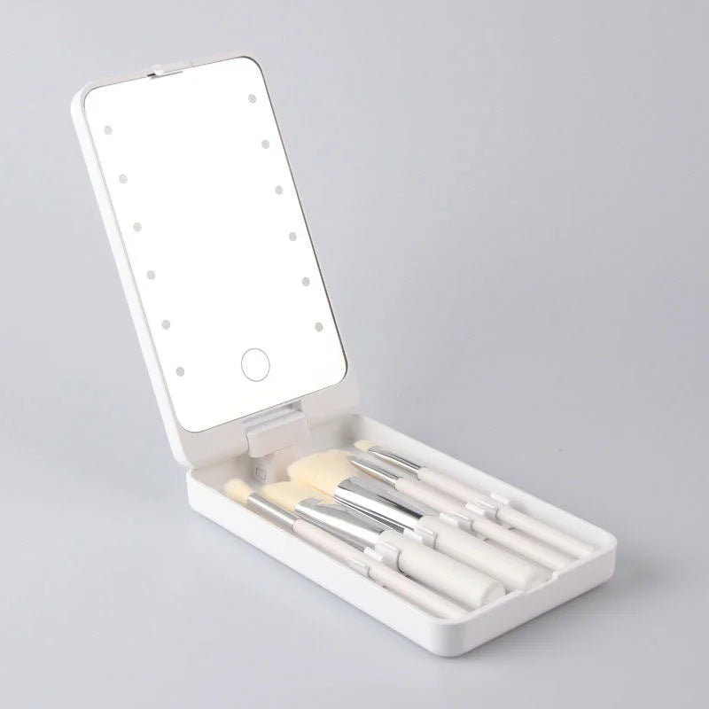 White LED Lighted Makeup Mirror with 5-Piece Cosmetic Brush