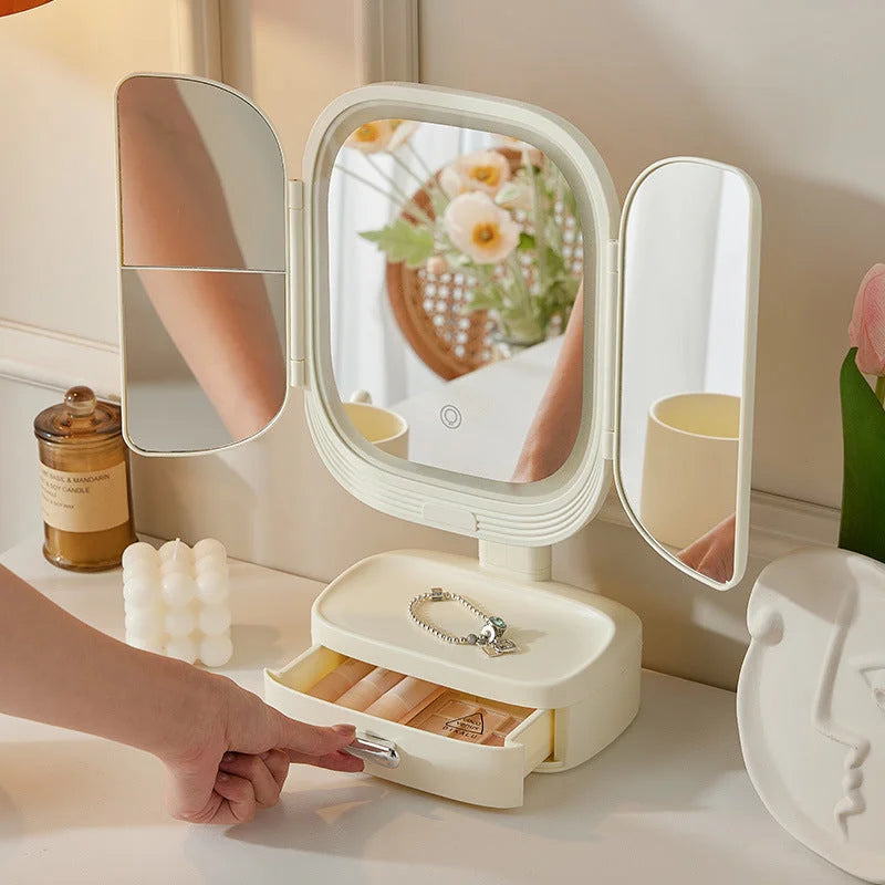 White LED Lighted Tri-Fold Makeup Mirror with Storage