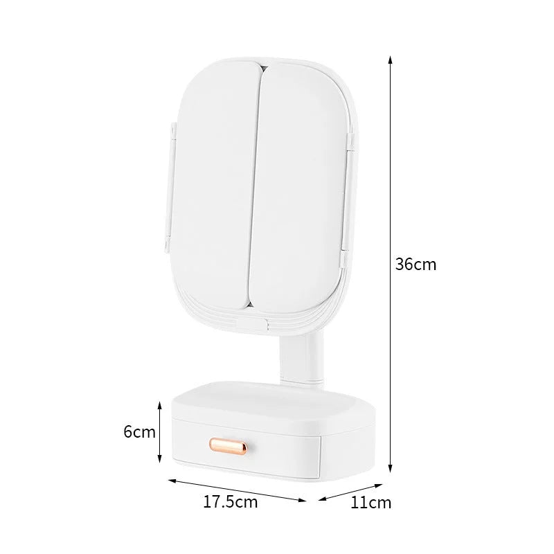 White LED Lighted Tri-Fold Makeup Mirror with Storage