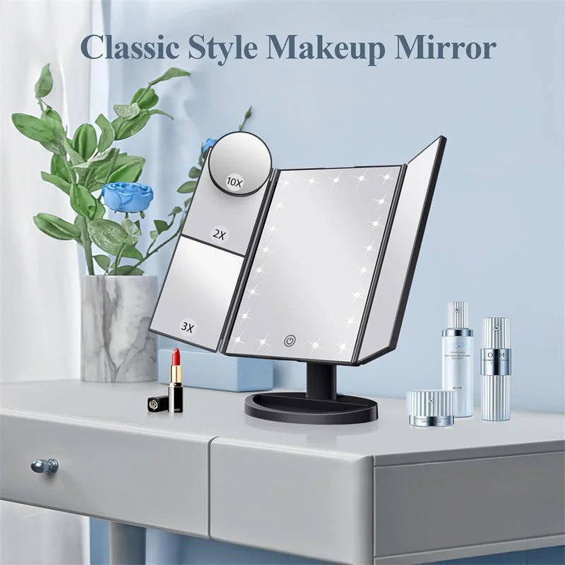 White LED Lighted Tri-Fold Vanity Mirror with 2X/3X/10X