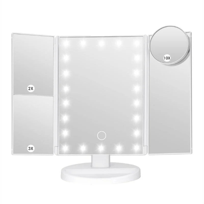 White LED Lighted Tri-Fold Vanity Mirror with 2X/3X/10X