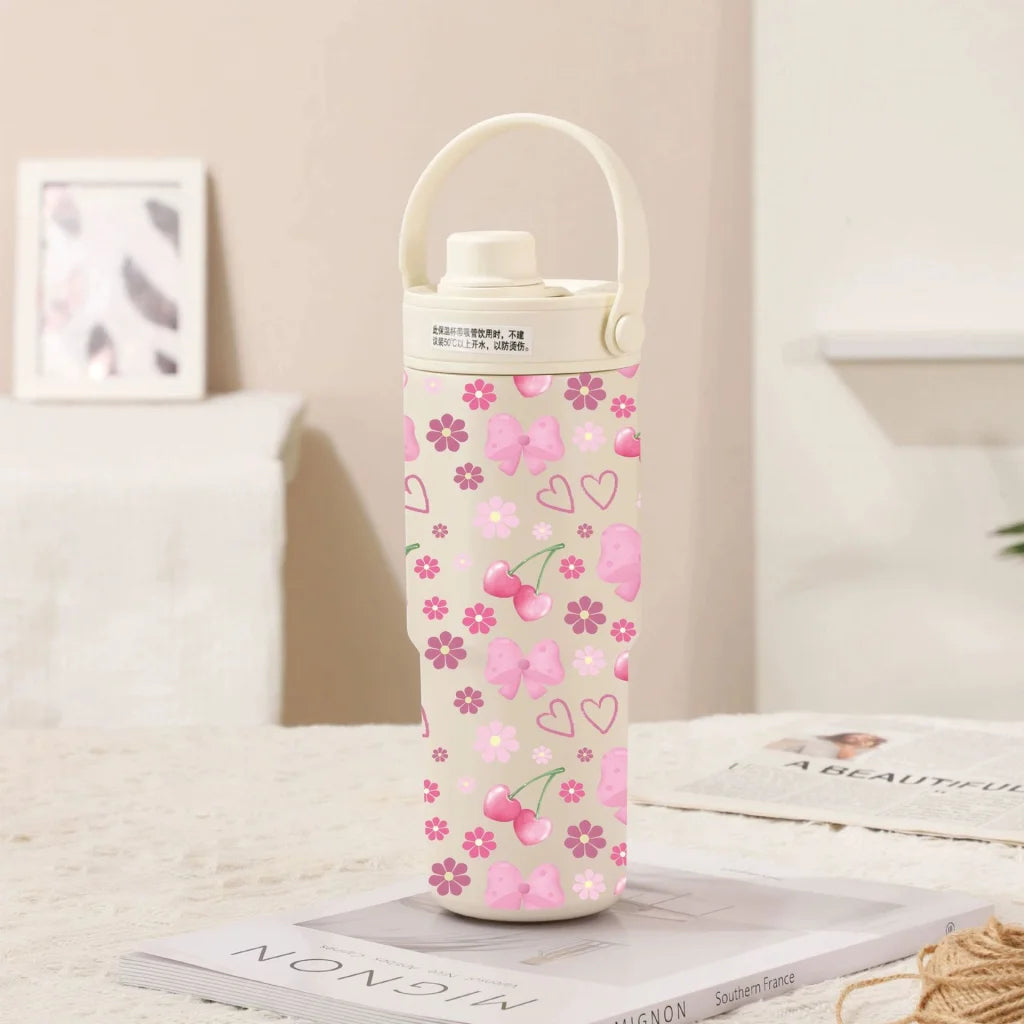 White Line Cherry Bow 30oz Ceramic Lined Insulated