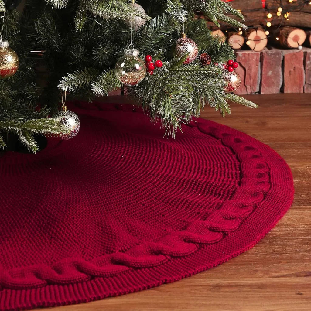 White Luxury Knit Christmas Tree Skirt with Cable-Knit